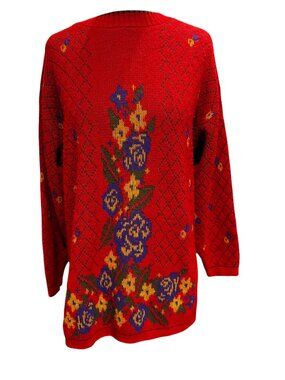 Vintage 80s Floral Knit Sweater Red USA Made Oversized Boho Cottagecore
